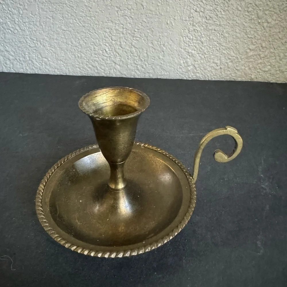 Handcrafted Brass Chamberstick Candle Stick Holder w/ Finger Ring Made In India
